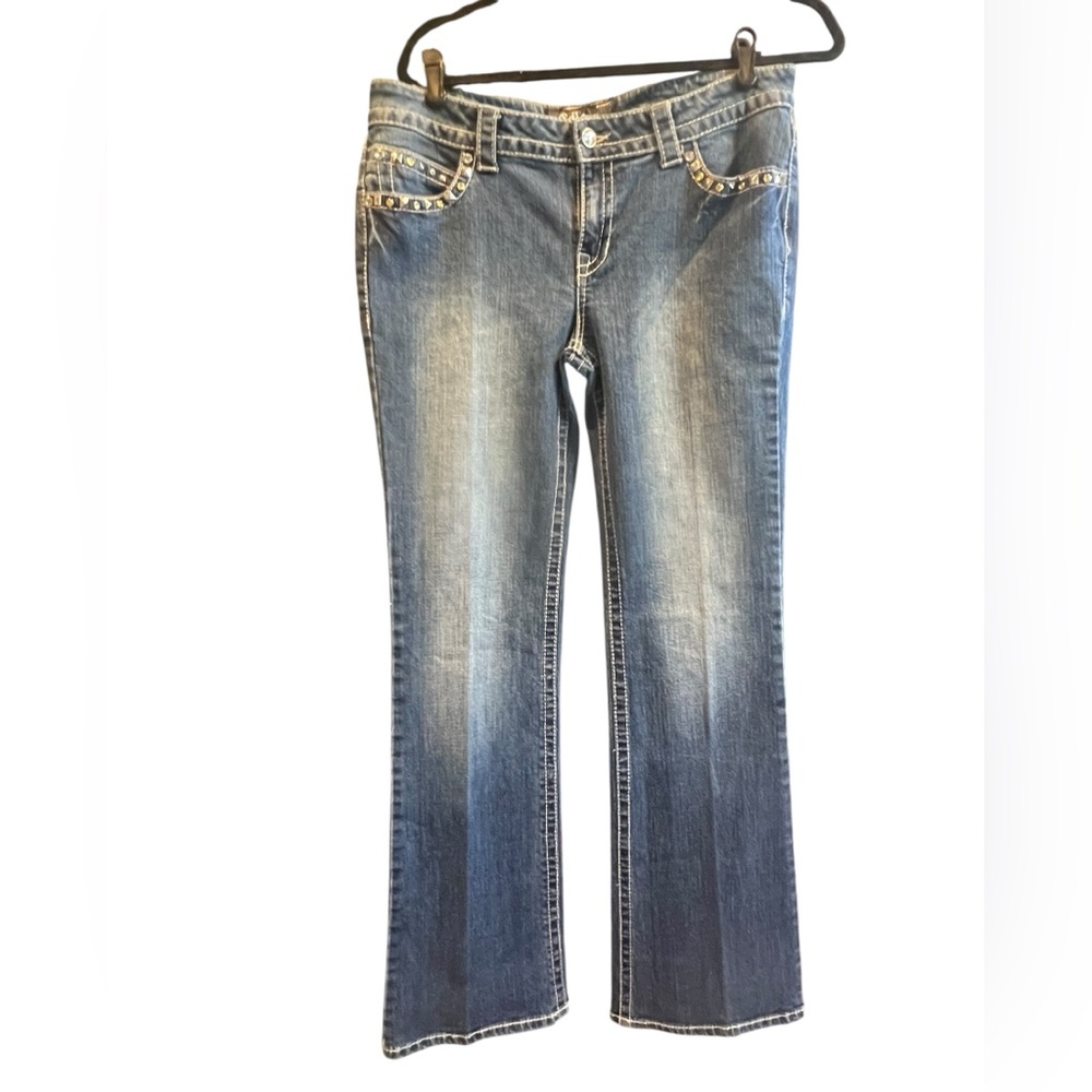 Cello Medium Blue Stud-Trim Flare Jeans